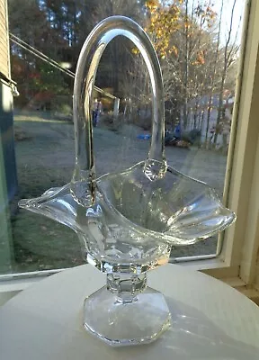 Vintage Clear Glass Wedding Bridal Basket Footed Vase Applied Handle 11.75  Tall • $14.95