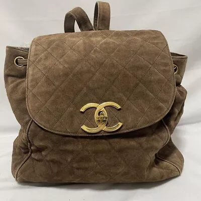 Vintage CHANEL Matelasse Turn Lock Chain Backpack Suede Light Brown CC Auth • $2100