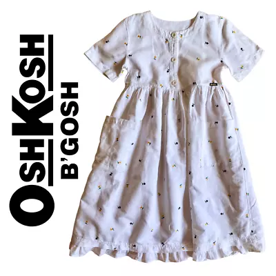 VINTAGE OshKosh B'Gosh Girls White Floral Rami Cotton Pinafore Dress Sz12 • $30