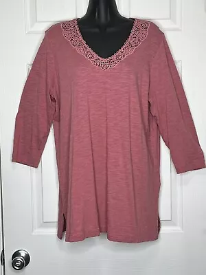 J Jill Top Blouse Tunic Tee Womens SZ L Lace Trim Pullover 3/4 Sleeve V Neck NWO • $24.50