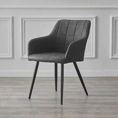 2X Used Faux Leather Dining Chairs PU Upholstered Metal Legs Tub Chair Dark Grey • £119.99