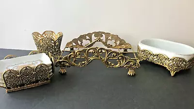 Gold Metal FILIGREE Ormolu Vanity Dresser Bathroom Set Soap Dish Porcelain • $39.99