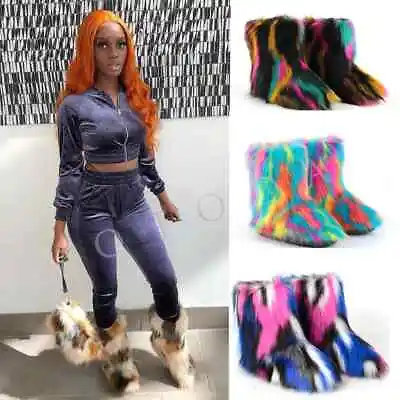 New Winter Women Fur Boot Furry Faux Snow Boot Outside Flat Shoe Warm Ankle Boot • $65.68