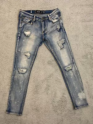 Men's Spark Denim Blue Jeans 32 X 30 Distressed Paint Splattered Punk Grunge Emo • $19.99