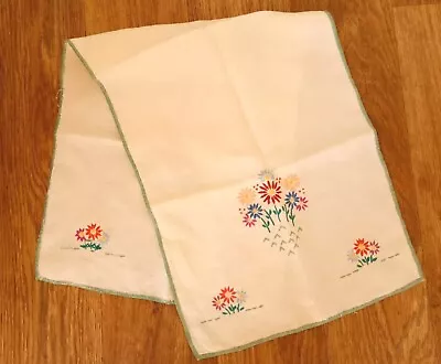 Vintage Hand Embroidered Beautiful White Linen Tray Cloth  13  X 32  Inches • $11.20