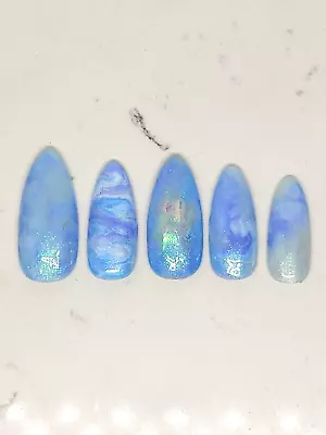 Custom Gel Press On Nails Handmade 10 Pc Set MEDIUM Blue Purple Mermaid Marble • $24