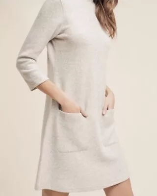 Anthropologie Moth Alba Mini Dress Tunic Cozy Knit Mockneck Neutral Gray XS • $42.99