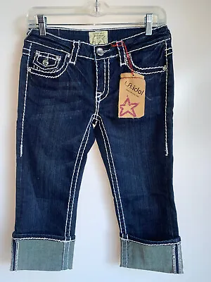 NWT L.A.IDOL Dark Blue Thick Stitch Capri CZ Bling Flap Pocket Jeans • $15