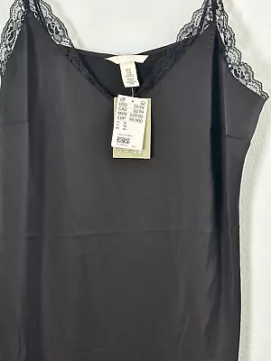 H&M Slip Dress Womens XL Black Lace Trim Spaghetti Strap With Slit Back • $14.90