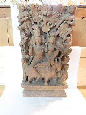 Antique Hindu Carved Wooden Wall Panel Frieze Vishnu Laxmi & Garuda Depiction • $375