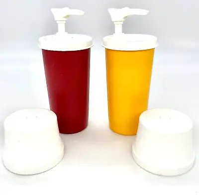 Vintage Set TUPPERWARE Ketchup & Mustard PUMP DISPENSERS 1329 & Lids EXCELLENT • $16.99