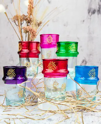 Hand-Painted Tea Glasses - Moroccan Tea Glasses Multi Coloured Glass Set Of 6 • £32