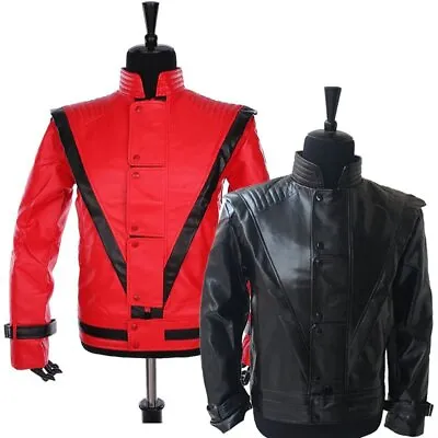  MJ Thriller Michael Jackson Mens Real Leather Biker Jacket Costume Red & Black • $79.99