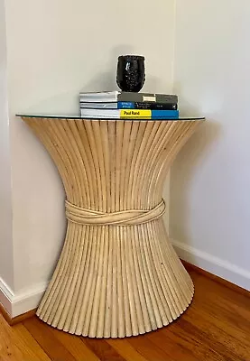 Vtg SHEAF OF WHEAT Rattan CONTEMPORARY McGuire Style PEDESTAL Boho Console Table • $250