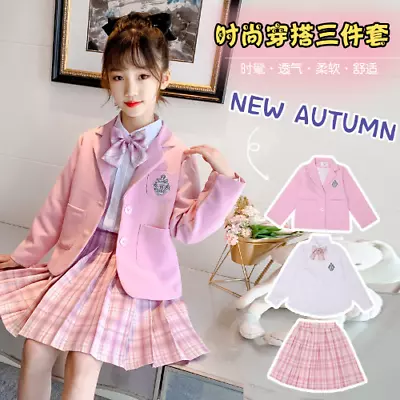 School Uniform JK Coat Pleated Skirts Shirt 3PCS Suit Kids Girls Student Clothes • $40.92