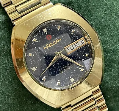 Vintage Watch Felca Blue Galaxy Stars Dial 35mm Automatic Mens Watch Genuine • $252.64