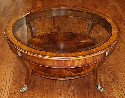 Maitland Smith Regency Style Mahogany Round Glass Top Cocktail Coffee Table  • $1450