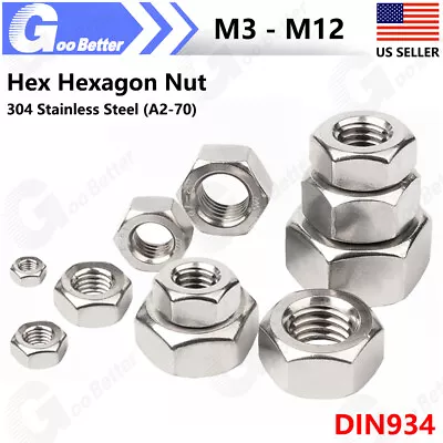 M3 M4 M5 M6 M8 M10 M12 304 Stainless Steel Hex Hexagon Nut DIN934 Hex Full Nut • $4.89