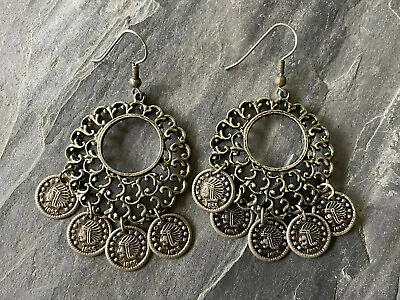 Vintage Faux Coin Earrings Indian Head Dangling Boho Style Vtg Costume Jewelry • $12.74