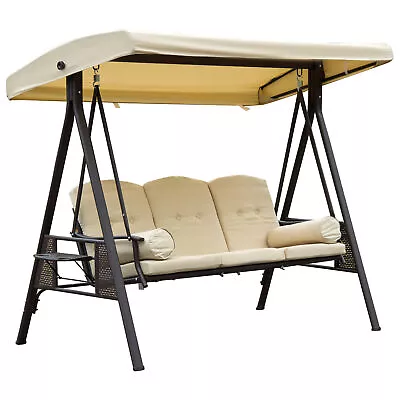 Outsunny 3 Seat Garden Swing Chair Patio Steel Swing Bench W/ Cup Trays Beige • £249.99
