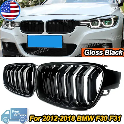 Pair Glossy Black Front Kidney Grille Grill For 12-18 BMW F30 3 Series 320i 328i • $37.99