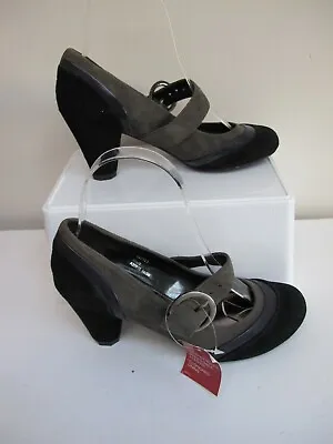 £25 • Buy NEXT Sole Reviver Court Shoes Grey / Black Suede Leather Front Strap Heel Brand 