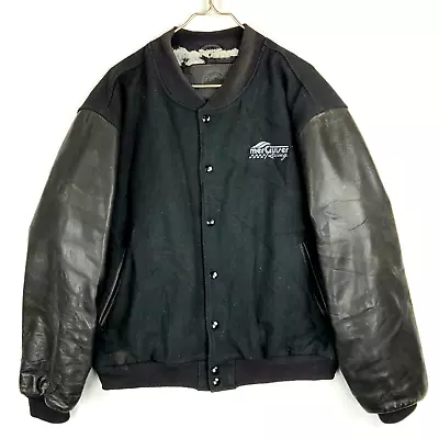 Vintage Mercruiser Racing Tonkin Snap Button Wool Leather Jacket Size XL Black • $50.99