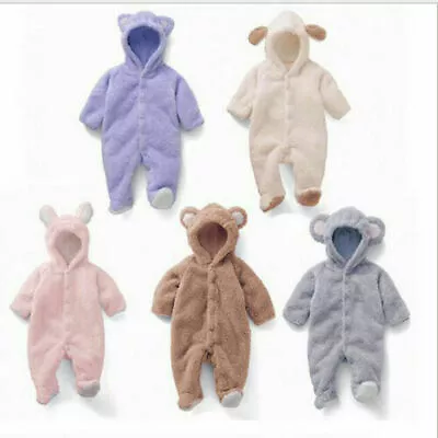 Infant Baby Winter Warm Fluffy Fleece Romper Hooded Bear Boy Girl Kids Jumpsuit • £8.19