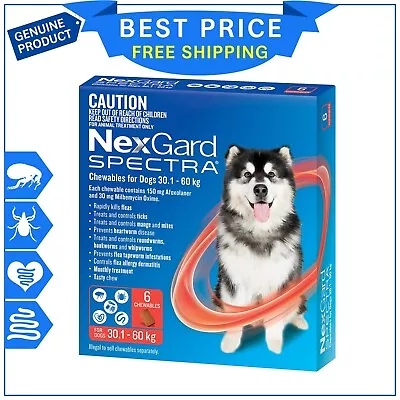 NEXGARD SPECTRA For Dogs 30.1 To 60 Kg Red 6 Chews Heartworm Flea Control • $113.99