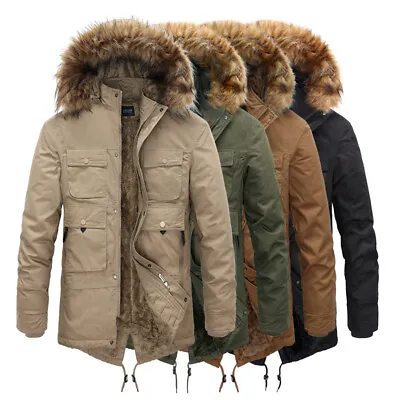 Men's Plush Mid-Length Cotton Jacket Winter Hooded Fur Warm Outwear Parka Coats  • $53.44