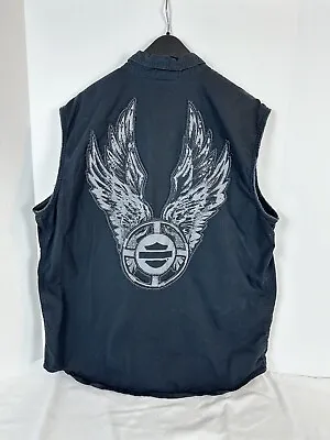 Harley Davidson Mens Black Cutoff Sleeveless Button Up Vest Size XL Denim Patch • $19.99