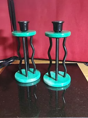  2 Memphis Milano Squiggle Green Marble & Lacquer Candlestick Holders Circa '80s • $89