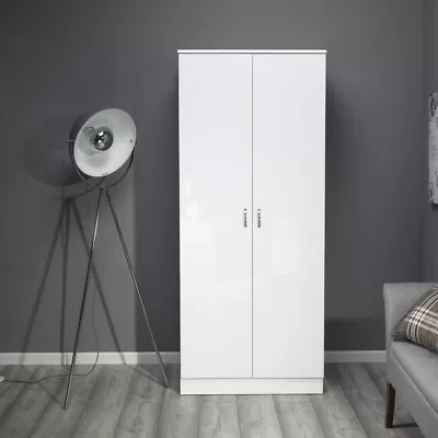 White High Gloss 2 Door Double Wardrobe Bedroom Furniture Wood Style Frame • £149.99