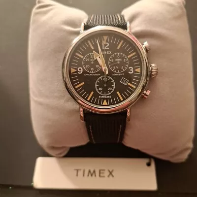 Timex Men's Watch Standard Chronograph Black Dial Silver Brass Case TW2V43700VQ • $85.98