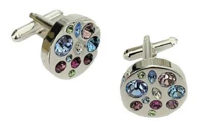 £5.99 • Buy Men Silver Wedding Cufflinks Round Multi Colour Crystal Diamante Suit Shirt UK