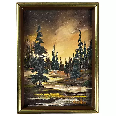 VTG Original Framed Oil On Canvas Board Forest Trees Sunset Pacific Northwest • $48