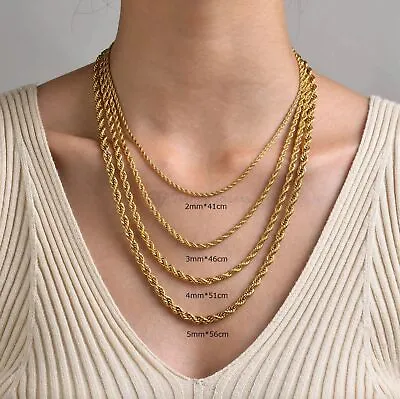 Stainless Steel Twisted Rope Chain 18ct Real Gold Plated Necklace Men Women • £6.99