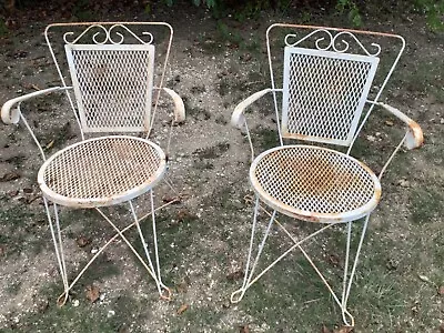 2 Vintage Wrought Iron Chairs Patio Garden Chippy Paint Mesh Metal Mid Century • $299.99