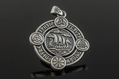Drakkar Pendant With Norse Symbols Sterling Silver Viking Boat Jewelry • $75
