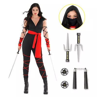 Women`s Black & Red Ninja Costume Ladies Warrior Jumpsuit Halloween Fancy Dress • £29.99