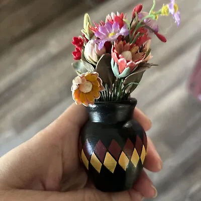 Vintage Dollhouse Miniature Dried Flower Arrangement In Wood Vase • $16