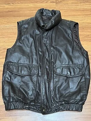 Vintage EDDIE BAUER Brown Leather GOOSE DOWN Puffer Vest Bomber Jacket • $125