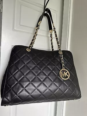 Michael Kors Susannah Black Napa Quilted Leather Shoulder Bag Purse Chain Large • $109