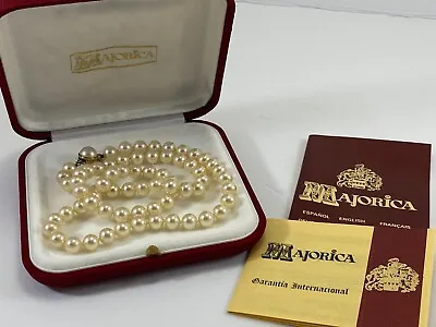 Majorica Pearl 9mm Necklace 24  Long In Gift Box Man Made 925 Clasp  #KB700 • $86