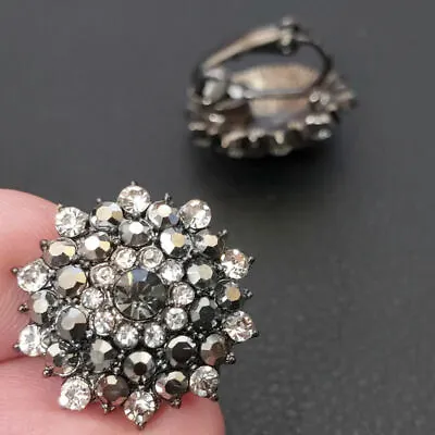 CLIP ON Round 2cm CRYSTAL EARRINGS Black/grey MARCASITE VINTAGE STYLE Gunmetal • £4.99