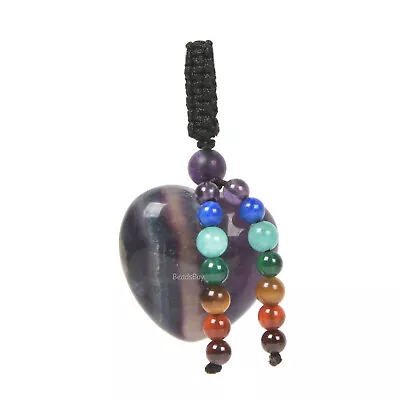 25mm Puffy Love Heart 7 Chakra Gemstone Macrame Pendant Necklace Jewelry Set • £7.91