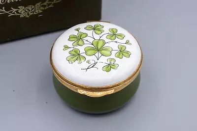$125 • Buy Crummles Enamel Trinket Box, Irish Shamrocks, Clovers, White & Green – 1 3/4 
