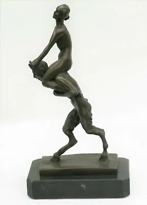 Bronze Mythology  Pan  Piggy Ride Satyr Sculpture Marble Base Greek God Hot Cast • £200.12