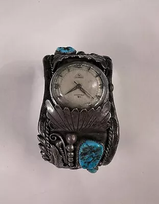 S.B. Initial Navajo Vintage Turquoise Watch Cuff Bracelet Sterling Silver 100g • $250