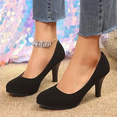 Womens Court Shoes Black Mid Block Heel Ladies Formal Office Shoes UK Size • £13.26